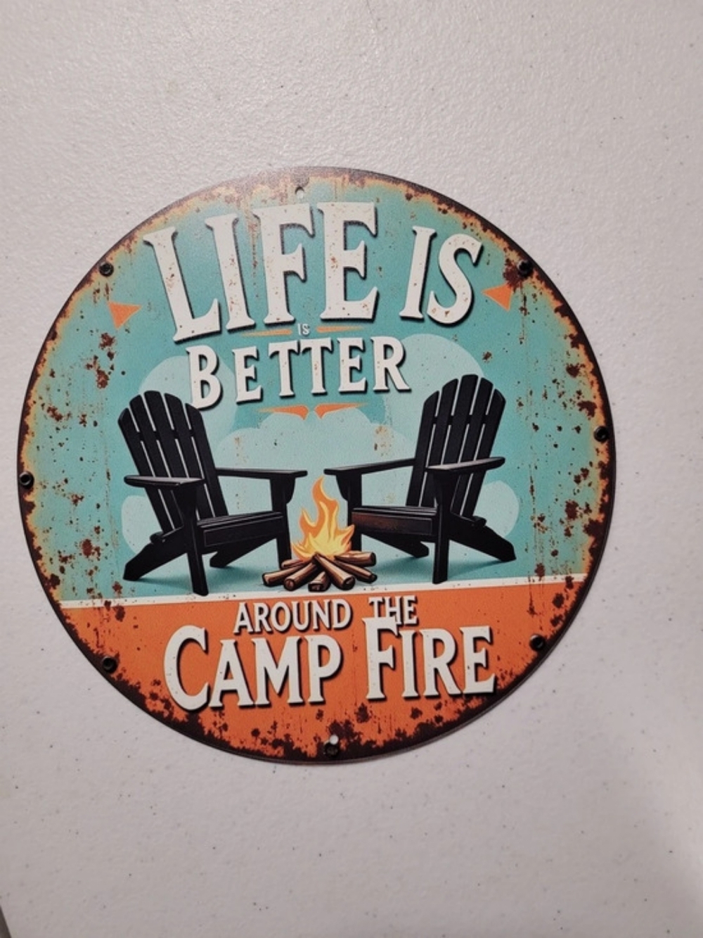 Camp Fire Round Wall Sign Blue & Orange